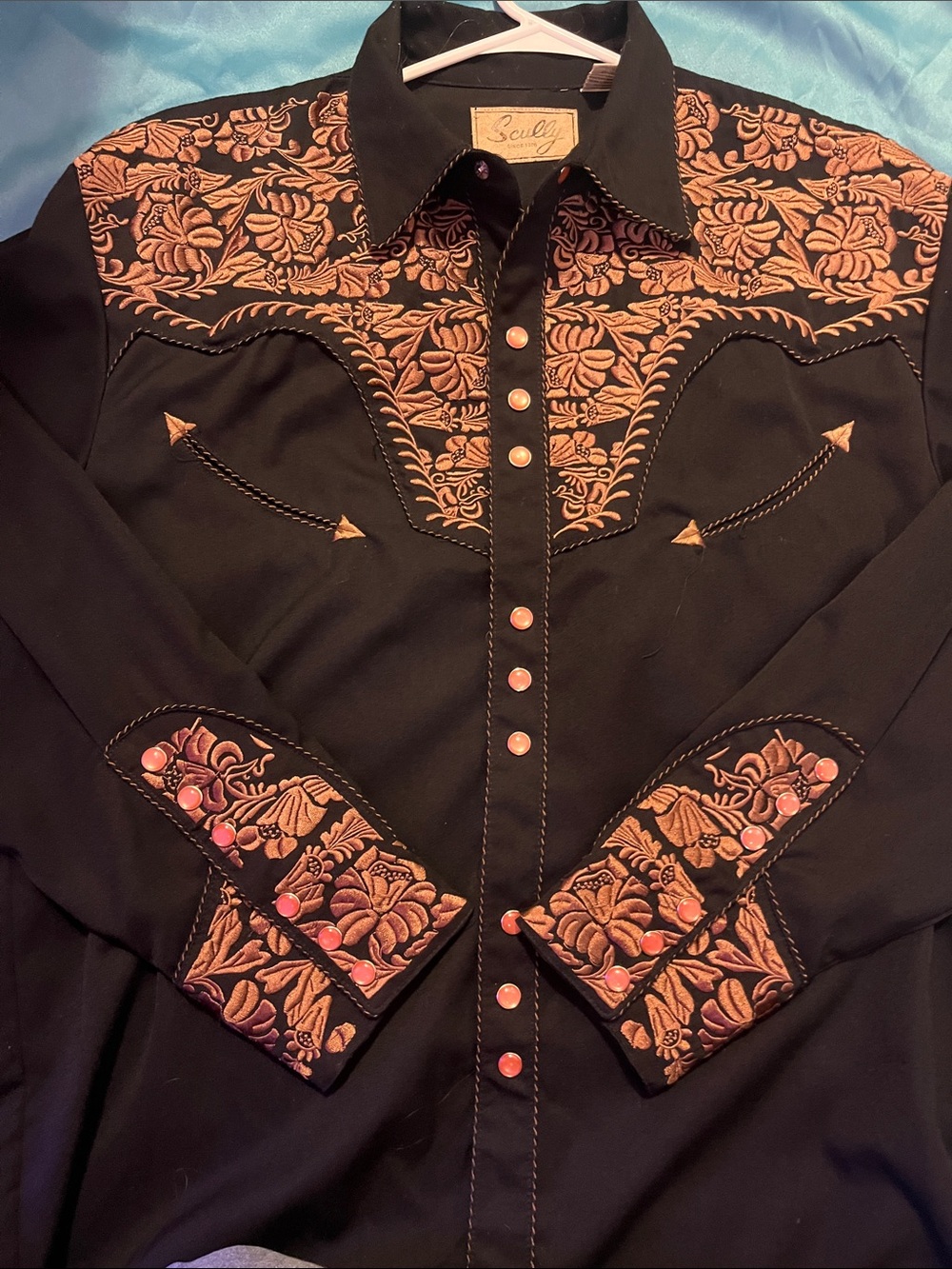 Scully Black Western Shirt with Copper Floral Embroidery and Copper Snaps